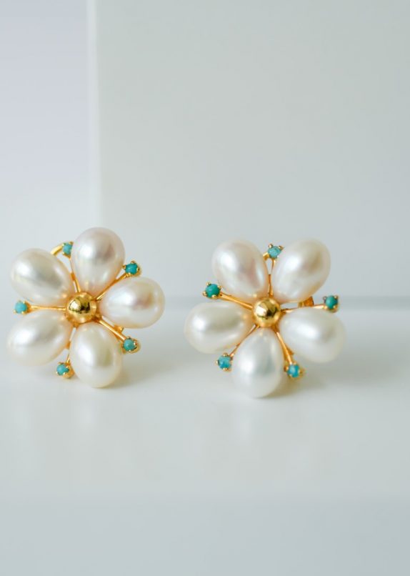 White Champa Earrings - Turquoise - Image 3