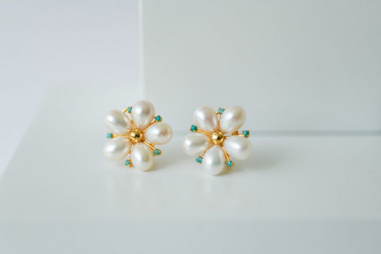 White Champa Earrings - Turquoise - Image 3