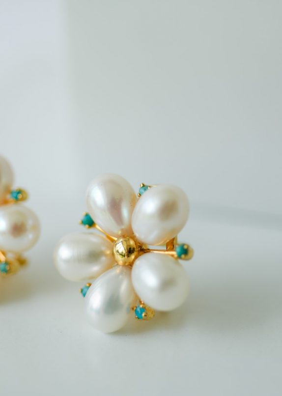 White Champa Earrings - Turquoise - Image 4