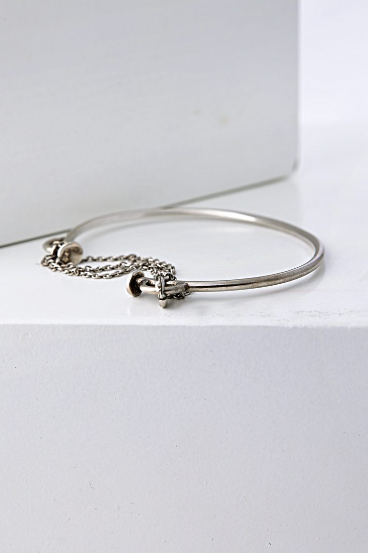 Elliptical Silver Bangle with Chain - Image 3